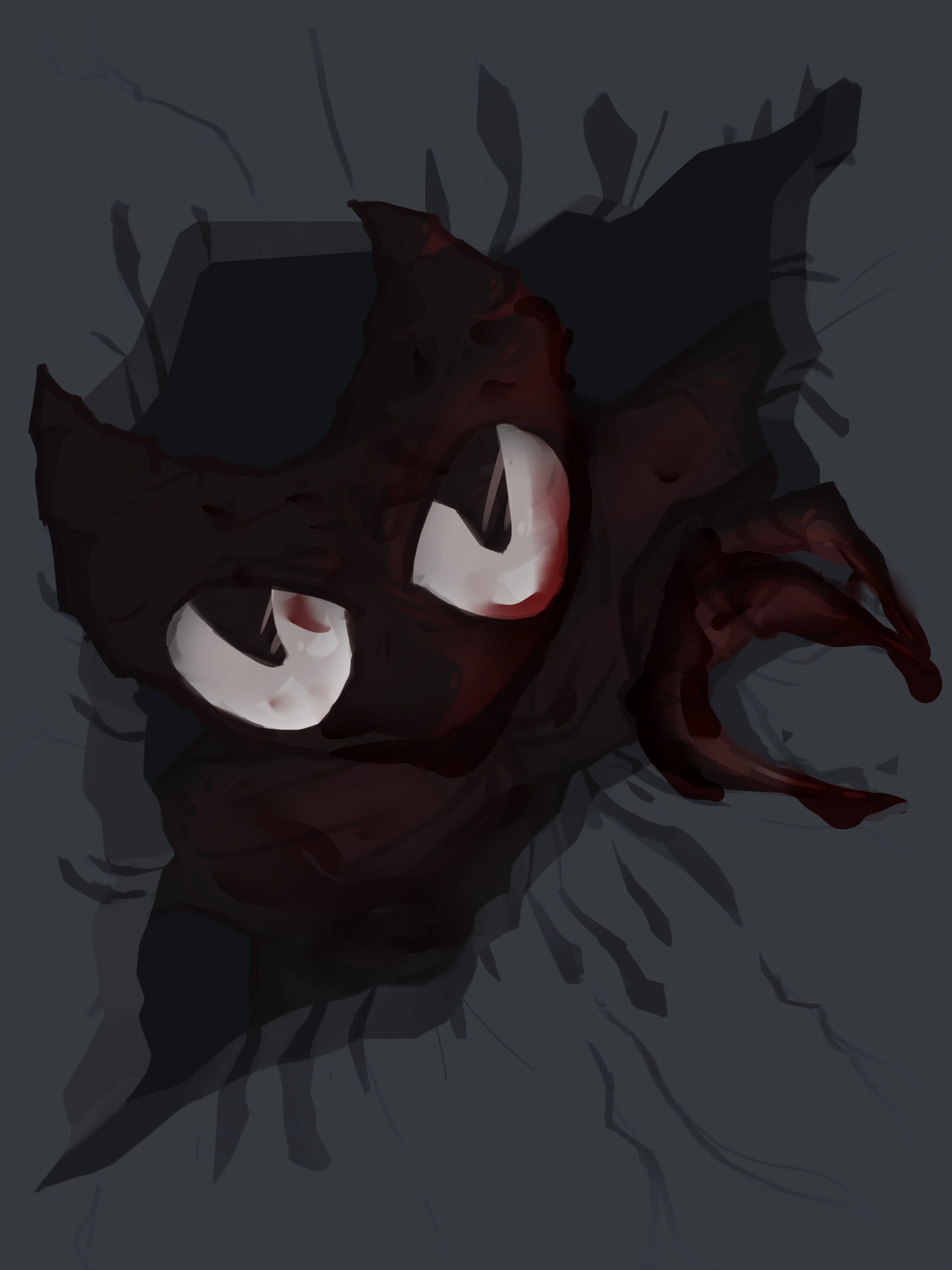 A dark, shadowy creature with glowing white eyes and sharp claws peers through a torn fabric in a dim setting, conveying a mysterious, eerie tone.